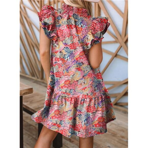 Women's Summer V-Neck Ruffle Cap Sleeve Mini Dress - Picture 2 of 5